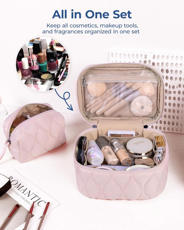 BAGSMART Travel Makeup Bag, 2-Piece Puffy Quilted Cute Make Up Bag Cosmetic Bags for Women, Large Wide-Open Toiletry Pouch Gifts for Toiletries