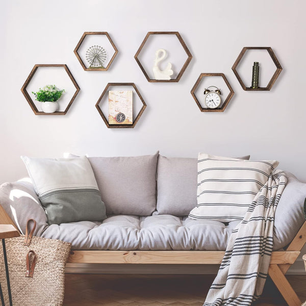 Hexagon Floating Shelves Set of 6 Farmhouse Honeycomb Wall Storage Shelf Wood Display Hexagonal Shelves Wall Mounted Hanging Rustic Shelf Racks