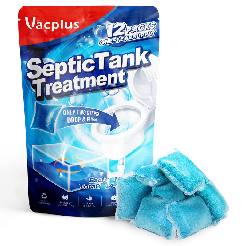 Vacplus Septic Tank Treatment 12 Pcs for 1-Year Supply, Dissolvable Packs with Easy Operation, Durable Biodegradable Enzymes for Wastes, Greases &