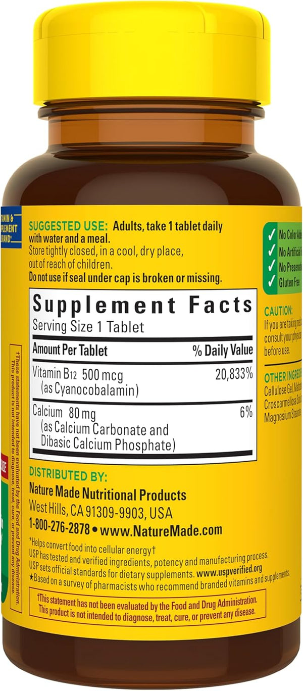 Nature Made Vitamin B12 500 Mcg, Dietary Supplement for Energy Metabolism Support, 200 Tablets, 200 Day Supply