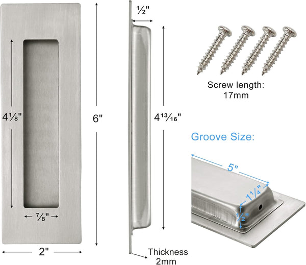 Pocket Door Pull and Edge Set, Stainless Steel Hardware Recessed Handle, Sliding Door Finger Flush Pull (Brushed Steel, 3 Pack)