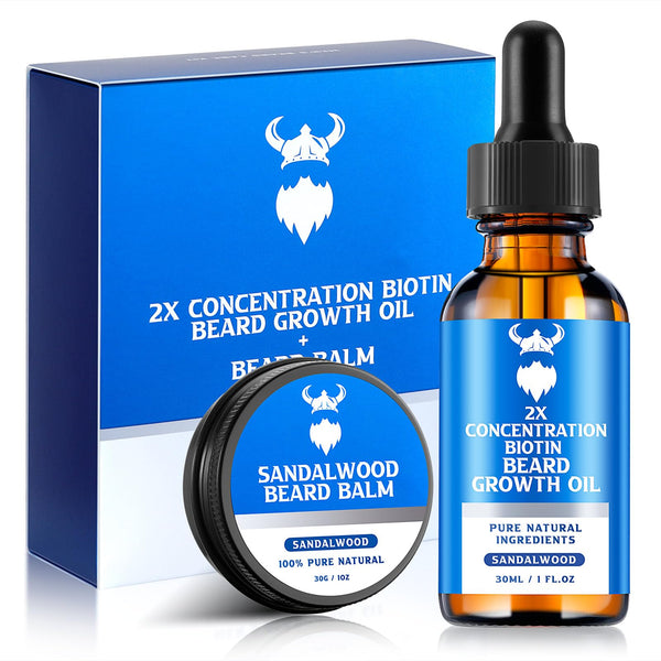 Beard Growth Oil & Beard Balm - Beard Growth Kit with 2X Concentration Biotin for Men, Natural Ingredients with Argan Oil, Jojoba Oil and Vitamin