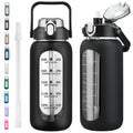 Kytffu 64Oz Glass Water Bottles with Straw, Half Gallon Motivational Glass Bottle with Silicone Sleeve and Time Marker, 2L Leakproof Large Glass