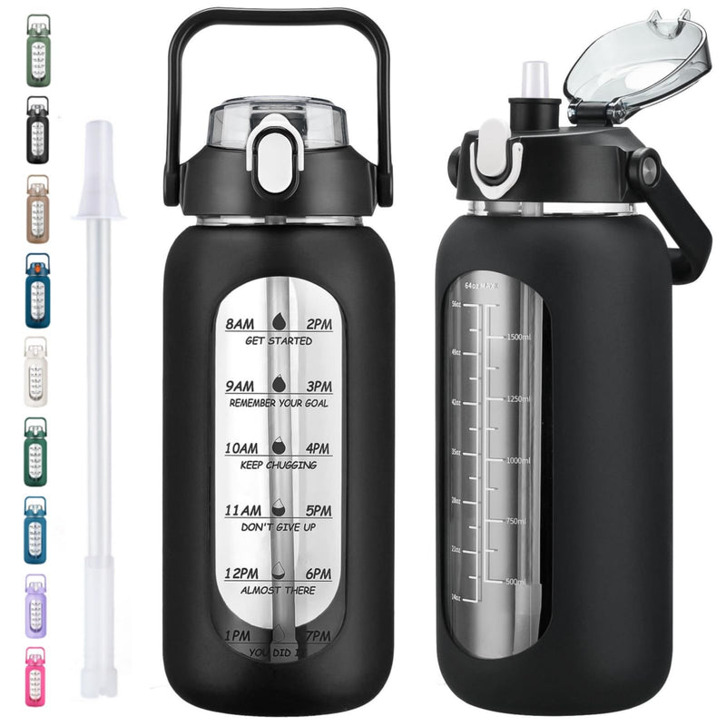 Kytffu 64Oz Glass Water Bottles with Straw, Half Gallon Motivational Glass Bottle with Silicone Sleeve and Time Marker, 2L Leakproof Large Glass