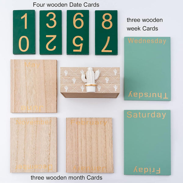 Notakia Perpetual Calendar, Wooden Calendar for Home Office Desk Accessories Vintage Wood Block Calendar(Green) Green cactus