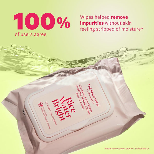 The Face Shop Rice Water Bright Makeup Remover Wipes for Face with Rice Extract, Brightening, Moisturizing, Infused with Cleansing Milk, Vegan