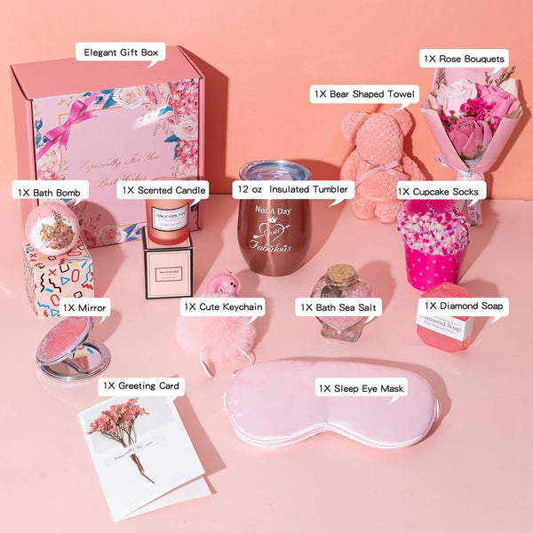 Birthday Gift Basket for Women - Unique Pink Box for Her Relaxing Self Care Set - Presents for Female Friends, Bestie, Girlfriend