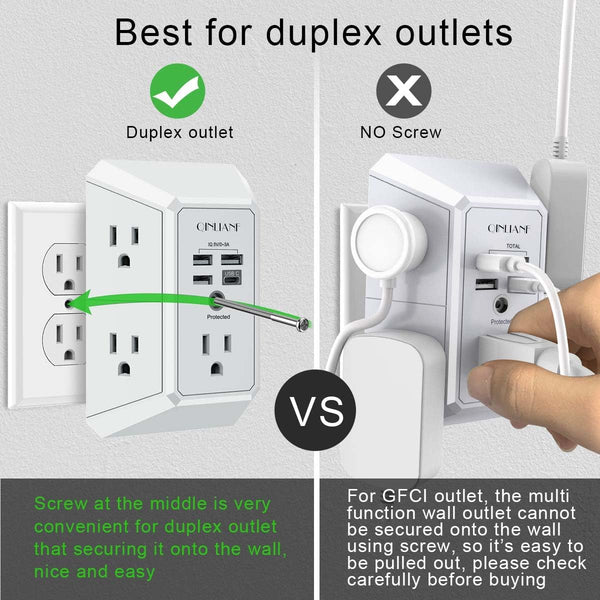 Wall Charger, Surge Protector, QINLIANF 5 Outlet Extender with 4 USB Charging Ports (4.8A Total) 3-Sided 1680J Power Strip Multi Plug Adapter