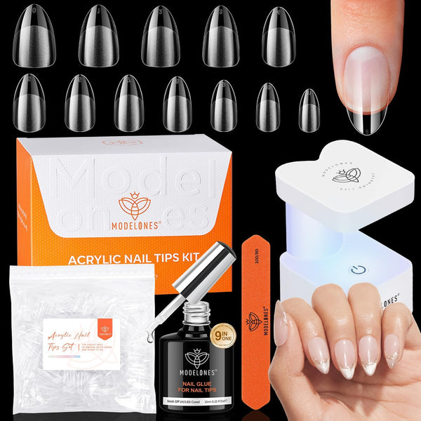 Modelones Gel Nail Kit Short Almond Gel Nail Tips, 9-In-One Nail Glue with Portable U V Nail Lamp, 216Pcs 12Sizes Press on Acrylic False Nails Tip