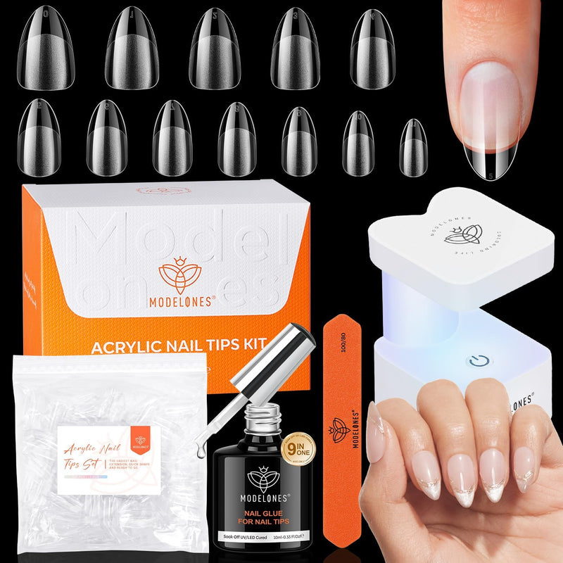 Modelones Gel Nail Kit Short Almond Gel Nail Tips, 9-In-One Nail Glue with Portable U V Nail Lamp, 216Pcs 12Sizes Press on Acrylic False Nails Tip