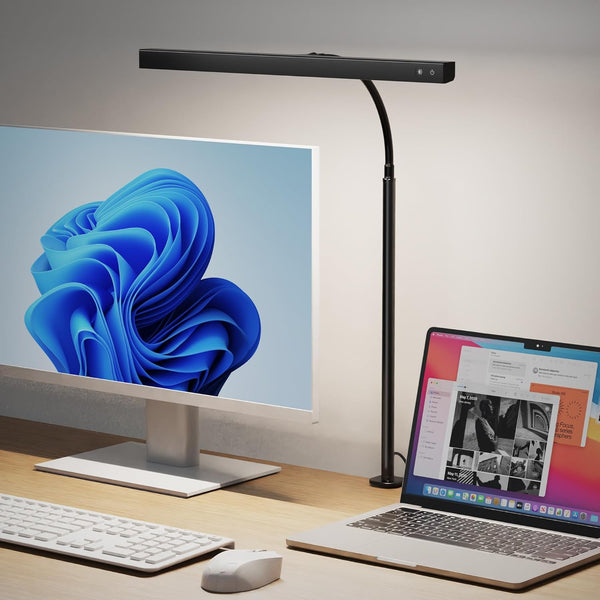 SUPERDANNY LED Desk Lamp for Office Home, Eye-Caring Desk Light with Adjustable Gooseneck, 12W Touch Control Dimmable Brightness, Architect Clamp
