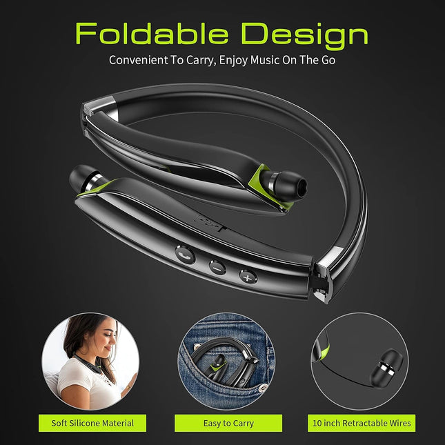 Bluetooth Headset, 2025 Upgraded Neckband Bluetooth Headphones with Retractable Earbuds, Noise Cancelling Stereo Earphon
