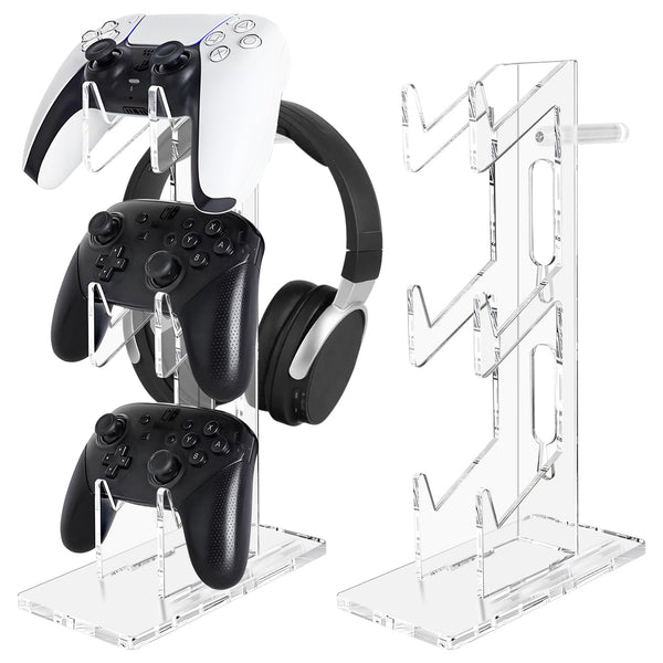 FYY Game Controller Holder 3 Tiers - Universal Dual Stand and Headphone Holder, Acrylic Clear Display Compatible with Nintendo Switch, Xbox, PS5,