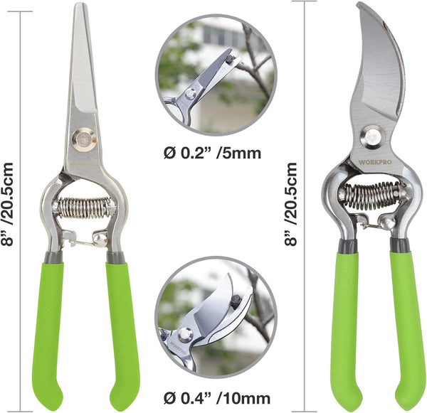 WORKPRO 2-Piece Pruning Shears Set, Drop Forged 8" Bypass Garden Shears and 8'' Handing Pruner with Steel Straight Blade