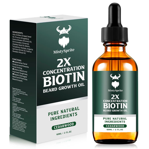 Beard Growth Oil - 2X Concentration Biotin Beard Oil for Men (2 oz) - Natural Mens Beard Oil with Argan Oil, Jojoba Oil and Vitamin, Beard Growth
