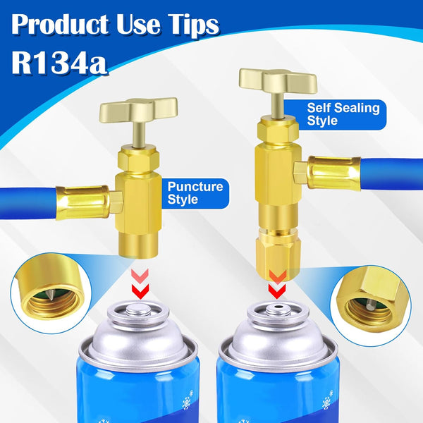 Refrigerator Freon Recharge Hose Kit-R134A R12 R22 Fridge Recharge Tool Kit with 2 BPV31 Bullet Piercing Tap Valves,1 R134A Self-Sealing Adapter,