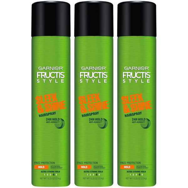 Garnier Fructis Style Sleek and Shine Anti-Humidity Hairspray, Ultra Strong Hold, Frizz Protection 8.25 Oz, 3 Count (Packaging May Vary)