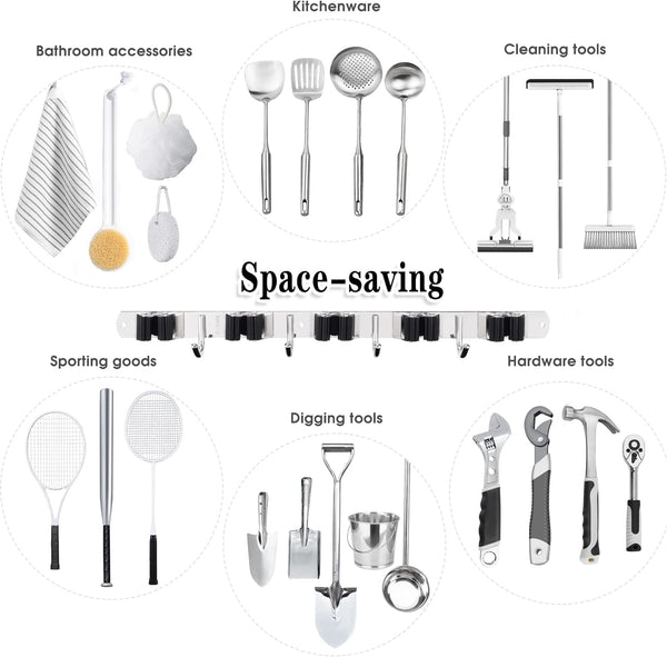 Acemining 5 Racks and 4 Hooks Mop and Broom Holder Wall Mount, Broom Organizer Storage Tool Racks Stainless Steel Heavy Duty Hooks Self Adhesive