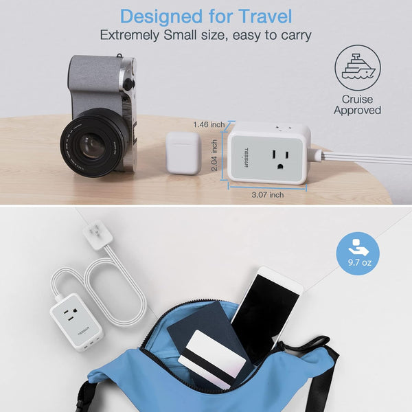 Small Flat Plug Power Strip, TESSAN Ultra Thin Extension Cord with 3 USB Wall Charger (1 USB C), 3 Outlets Mini Charging Station, 5 Ft Slim Plug