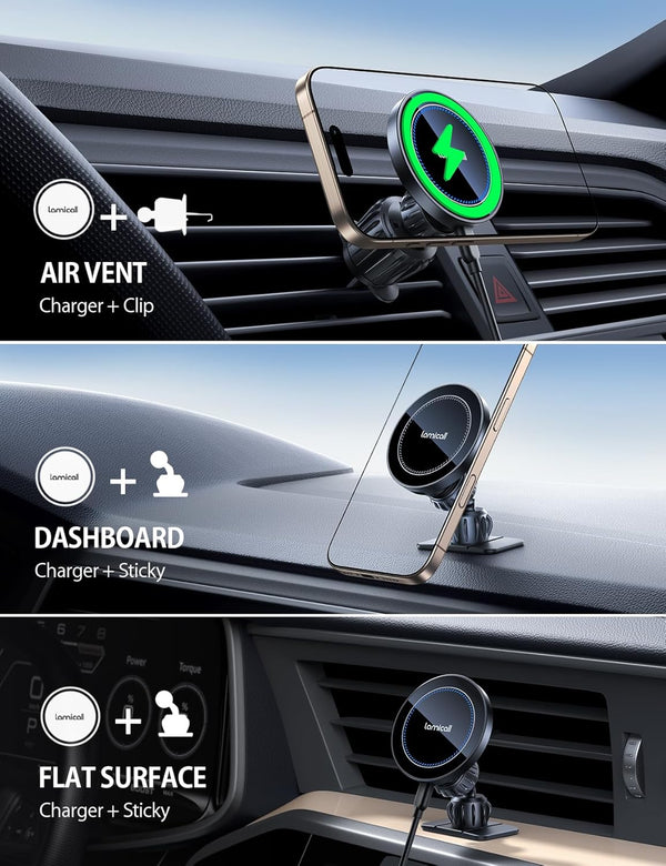 Lamicall 15W for Magsafe Car Mount Charger - [3-In-1 Upgraded Intelligent Chip] 360Â° Wireless Car Phone Holder Charger Vent Dashboard Magnetic