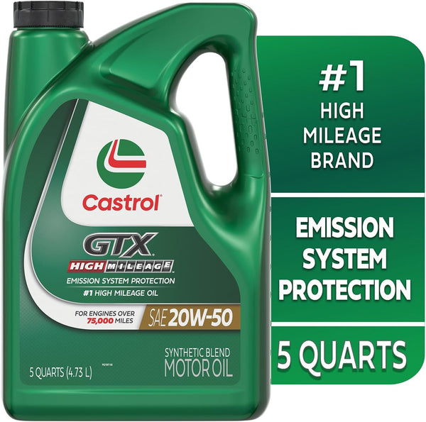 Castrol GTX High Mileage 20W-50 Synthetic Blend Motor Oil, 5 Quarts