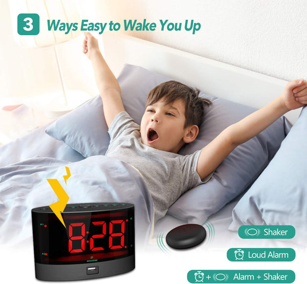 ANJANK Extra Loud Alarm Clock for Heavy Sleepers, Wireless Bed Shaker, Vibrating Dual Alarm, Deaf and Hearing-Impaired, Adjustable