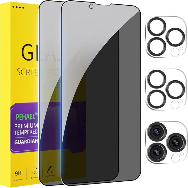 Pehael [2+2 Pack Iphone 13 Pro Max Privacy Screen Protector with Camera Lens Protector Full Coverage Anti-Spy Tempered Glass Film 9H Hardness