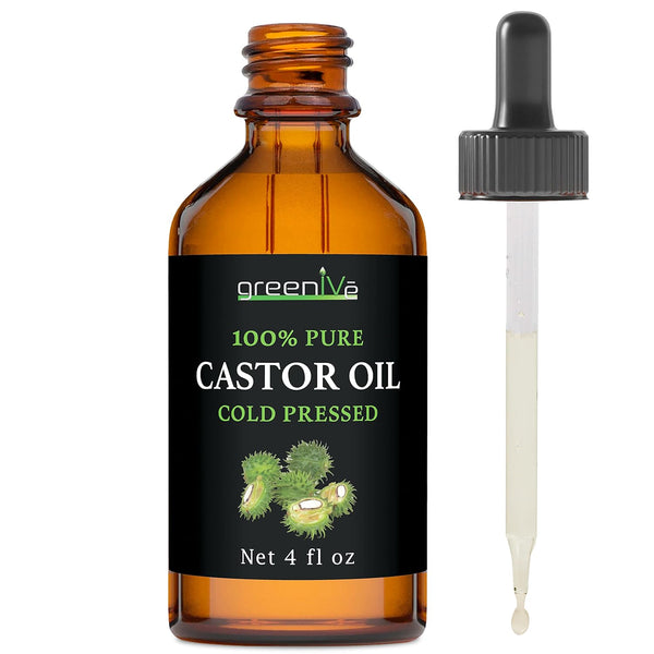 Greenive Castor Oil Organically Grown 100% Pure 4 Fl Oz Bottle Cold Pressed, Hexane Free, Eyelash and Eyebrow Growth Serum, Skin Moisturizer Detox