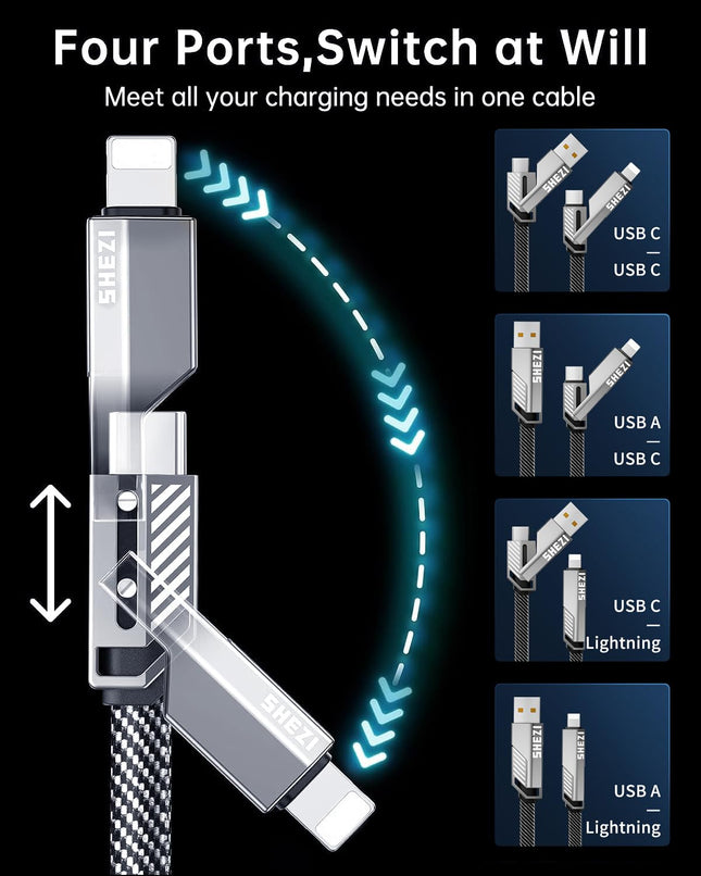 [Upgraded 2.0] SHEZI 4-In-1 USB C Cable 60W 5FT Lightning Cable MFI Certified [Fast Charging & Data Sync] Flat Braided M