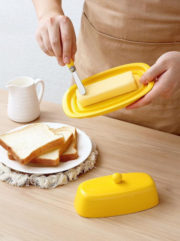 Yedio Ceramic Butter Dish with Lid for Countertop Refrigerator, 8 Inch Butter Holder with Porcelain Cover Knob Handle for East West Coast Butter