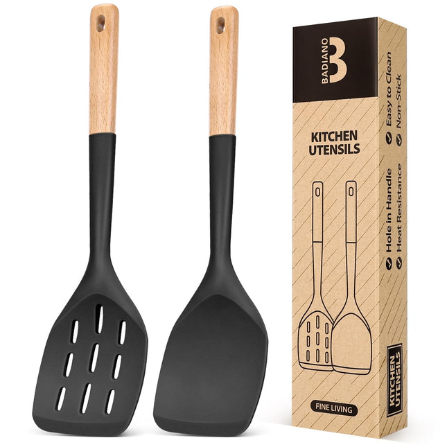 Pack of 2 Silicone Spatula, Non Stick Cooking Utensil Set Wooden Handle Kitchen Turner for Baking Mixing Grilling Servin