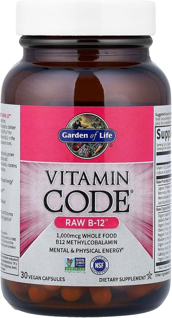 Garden of Life B12 - Vitamin Code Raw B-12 - 30 Capsules, 1,000Mcg Whole Food B12 Methylcobalamin for Energy, Vegan Methylcobalamin B12 Vitamin
