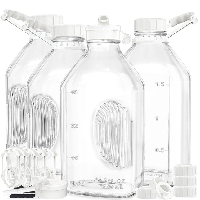 Syntic 4 Pack 2 Qt Glass Milk Bottles with Handle and Airtight Reusable Screw Lids, 1/2 Gal Glass Water & Juice Bottles,
