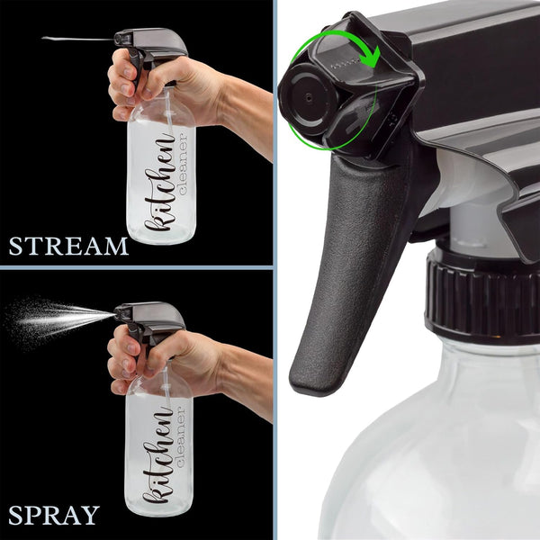 Cornucopia Brands Cleaning Spray Bottles Set, Glass (Set of 4, 16-Ounce); Refillable Trigger Sprayers W/Mist/Stream Settings and Farmhouse Script