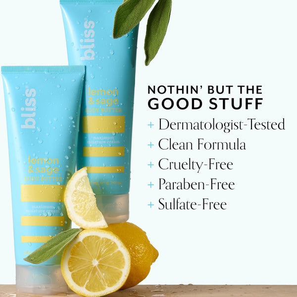 Bliss Lemon and Sage Body Butter - Maximum Moisture Cream - 6.7 Fl Oz Lotion for Dry Skin - Long-Lasting Moisturizer for Women & Men - Vegan and