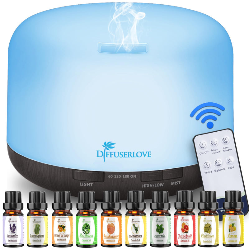 Diffuserlove Essential Oil Diffuser 500ML Aromatherapy Diffuser Mist Humidifiers 7 Color LED Lights Diffusers for Home Office Bedroom (Size:6.7" L