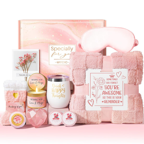 Birthday Gifts for Women, Self Care Gifts Get Well Soon Gifts Basket for Women, Rose Relaxing Spa Gifts Care Package W/ Luxury Blanket, Mothers