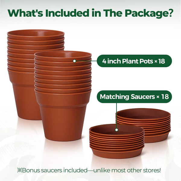 T4U 4 Inch Plant Pots 18-Pack, Small Flower Pots with Saucer and Drainage Hole, Durable Plastic Pots, Nursery Small Flower Pot Bulk for Plants,