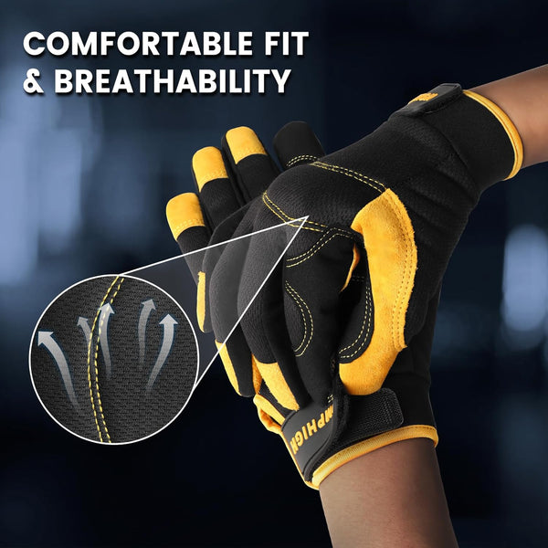 JUMPHIGH Mens Work Gloves, Synthetic Leather Mechanic Gloves Utility Gloves, Touchscreen Working Gloves for Multipurpose, Construction, Warehouse,