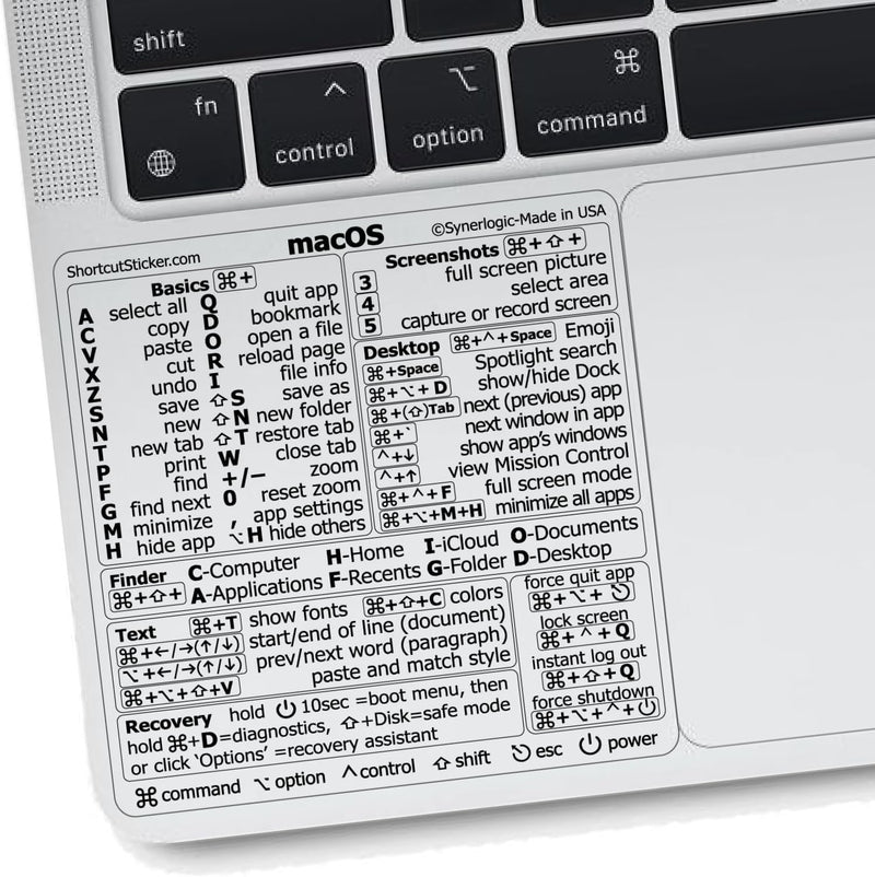 Synerlogic Mac OS Shortcuts Sticker | Keyboard Stickers for Macos | No-Residue Laminated Vinyl Macbook Cheatsheet for Laptop | Macbook Shortcuts