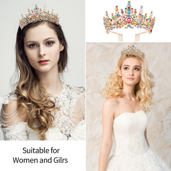 Velscrun Colourful Crystal Birthday Queen Tiara Crown for Women Girls Birthday Queen Headband Sash Elegant Princess Crown with Combs Hair