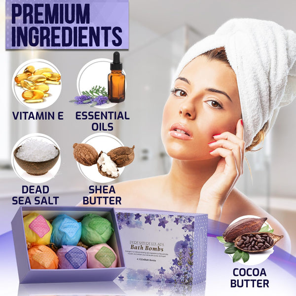 Bath Bombs Gift Set - Ultra Bubble XXL Fizzies (6 X 4.1 Oz) with Natural Dead Sea Salt Cocoa and Shea Essential Oils, the Best Birthday Gift Idea