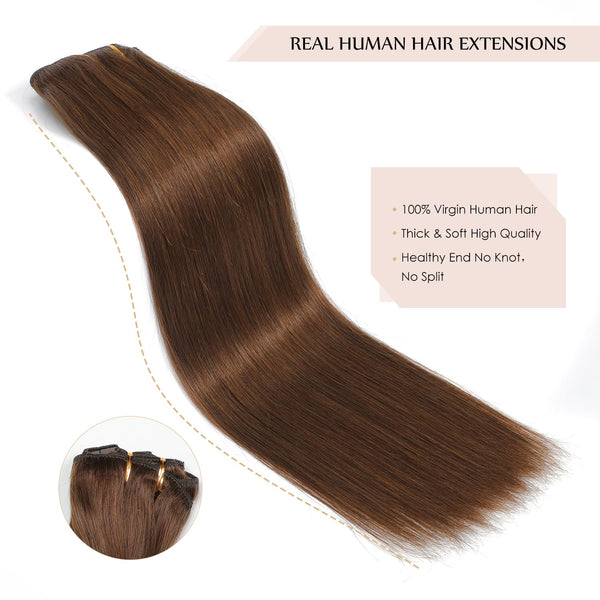 Sisily Clip in Hair Extensions Real Human Hair, 16 Inch 140G, Chocolate Brown, 100% Brazilian Remy Human Hair Clip in Extensions Soft Straight