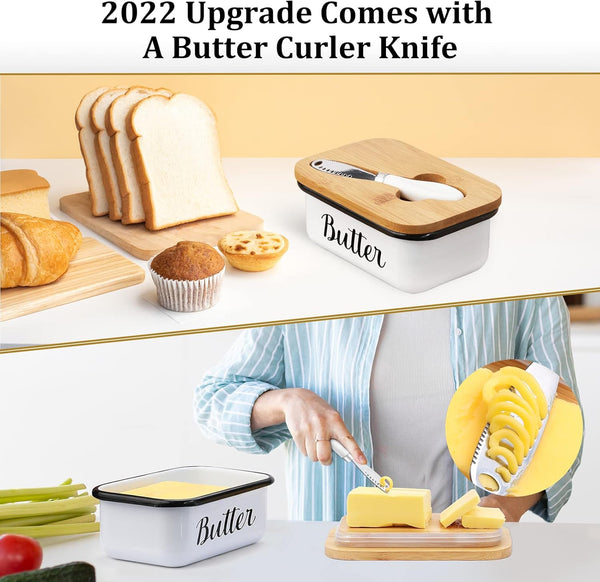 LANDNEOO Butter Dish with Lid and Butter Curler Knife - Unbreakable Stainless Steel Keeper Container with Double Silicone Sealing, for Kitchen
