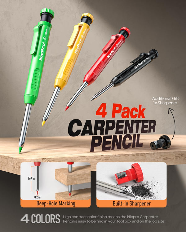 Nicpro 4 Pack Carpenter Pencil with Sharpener, Mechanical Carpenter Pencils with 52 Refills, Construction Pencil Heavy Duty Woodworking Pencils