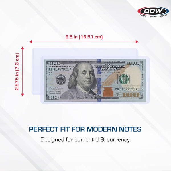 BCW Currency Topload Holder - Pack of 25 | Clear Rigid PVC Protective Sleeve for Standard US Dollar Bills | Archival Safe, Scratch-Resistant