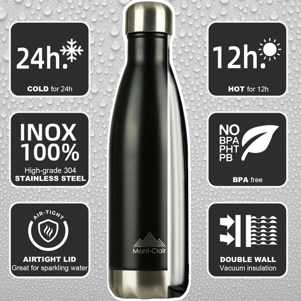 H2O Stainless Steel Water Bottle, Vacuum Insulated - BPA Free, 12H Hot & 24H Cold Drinks Bottle, Metal, 17 Oz Leakproof, Ideal for Adult, Kids,