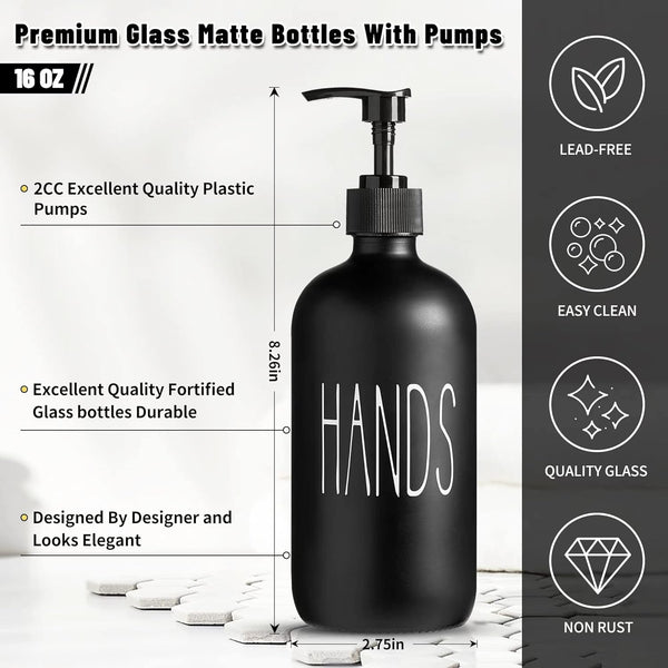Glass Soap Dispenser Set 2 Pack,Contains Hand and Dish Soap Dispenser.Premium 16 Oz Black Kitchen Soap Dispenser Set for Kitchen Sink and