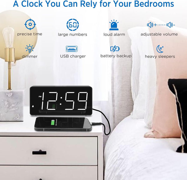 Peakeep Digital Alarm Clock for Bedroom Bedside, Loud Alarm Clock for Heavy Sleepers, Large Big LED Numbers for Seniors, Battery Backup Plug in