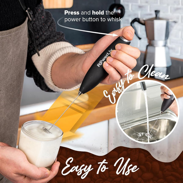 Powerlix Powerful Handheld Milk Frother with Stand Battery Operated Foam Maker Frother Wand for Coffee (A Black) (Hearts)